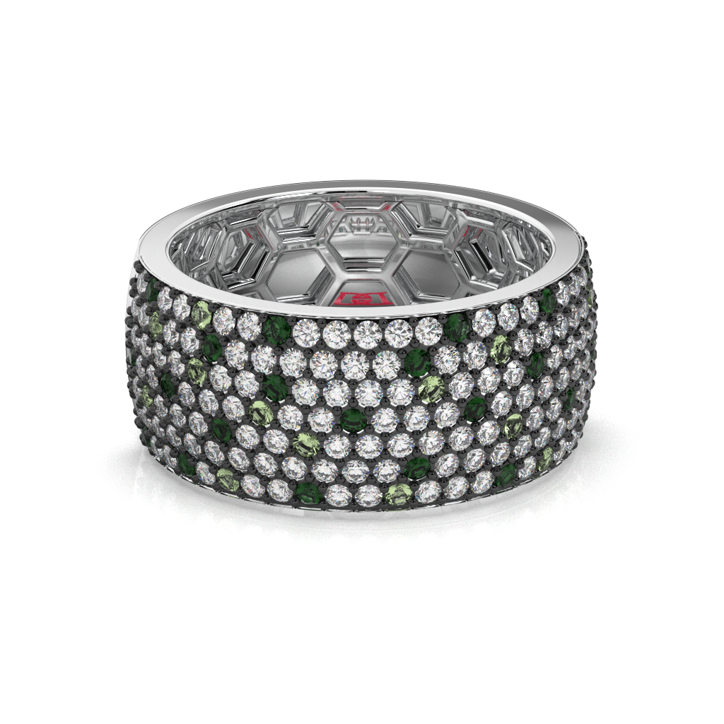 Sterling Silver Green & White Diamond Pave Band Ring, Unisex