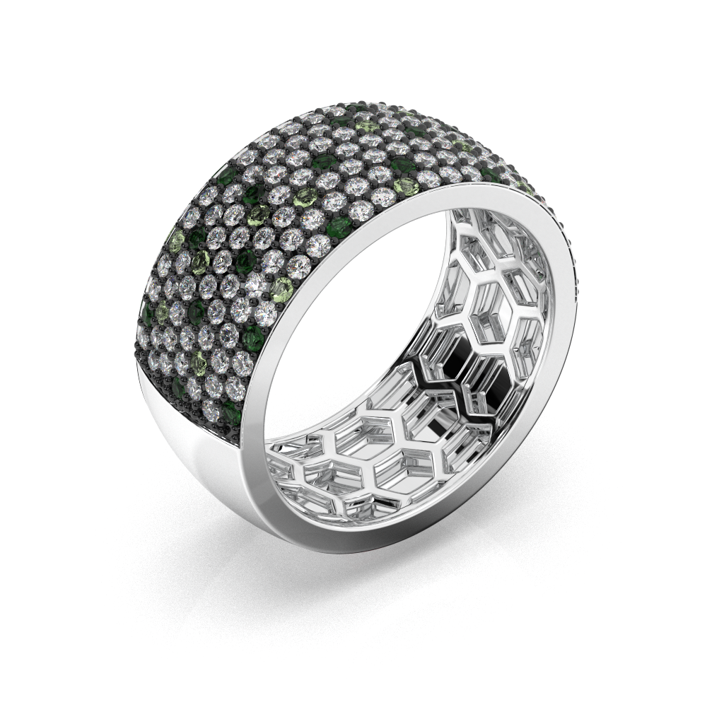 Sterling Silver Green & White Diamond Pave Band Ring, Unisex