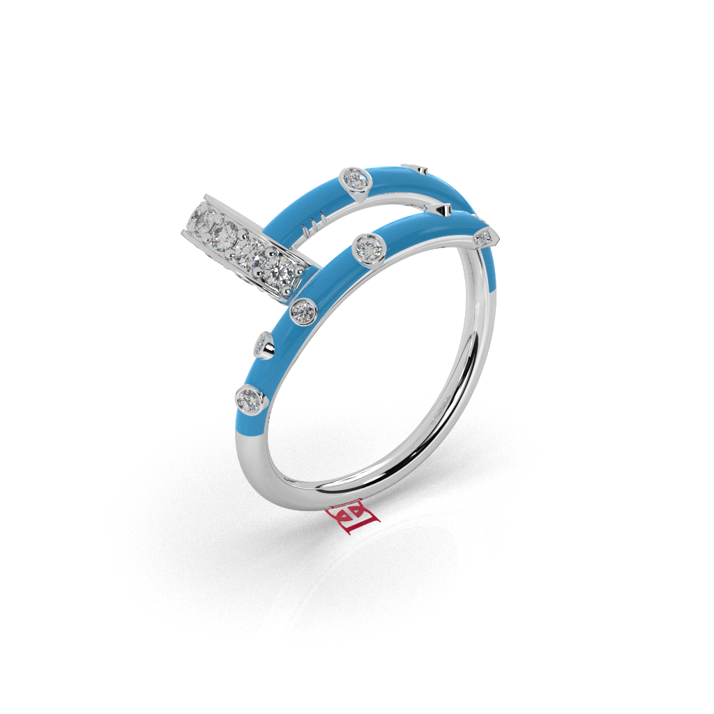 Sterling Silver Open Wrap Ring: Blue Enamel with Diamond Accents