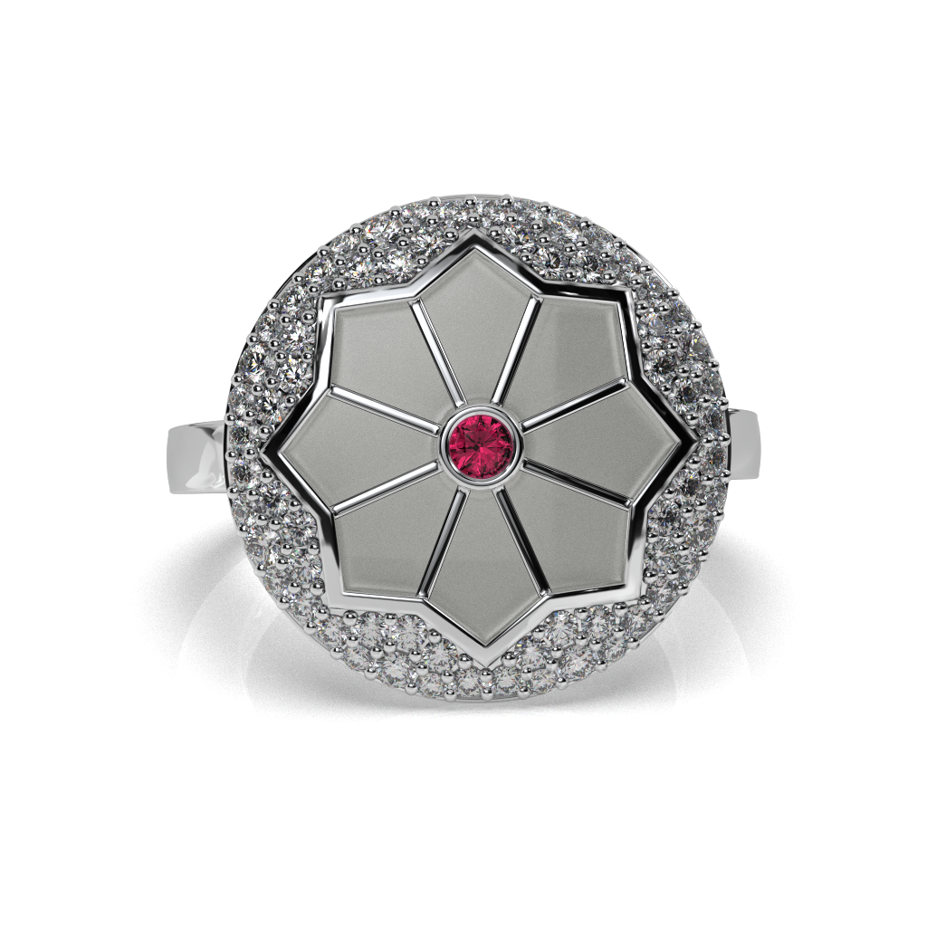 Octavia Halo Medallion Ring with Ruby Center & Diamond Pavé