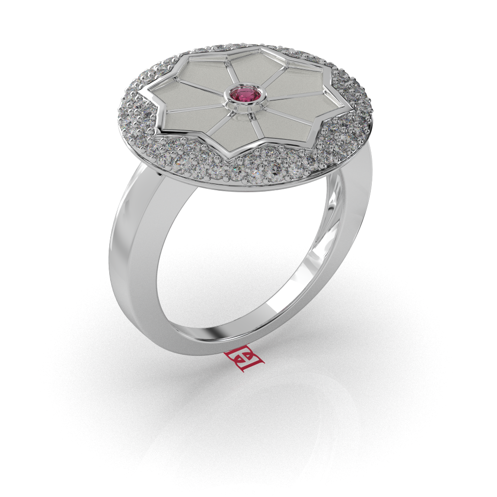 Octavia Halo Medallion Ring with Ruby Center & Diamond Pavé