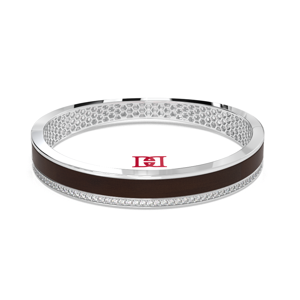 Sterling Silver Wooden Inlay Bangle Bracelet with White Diamond Pavé