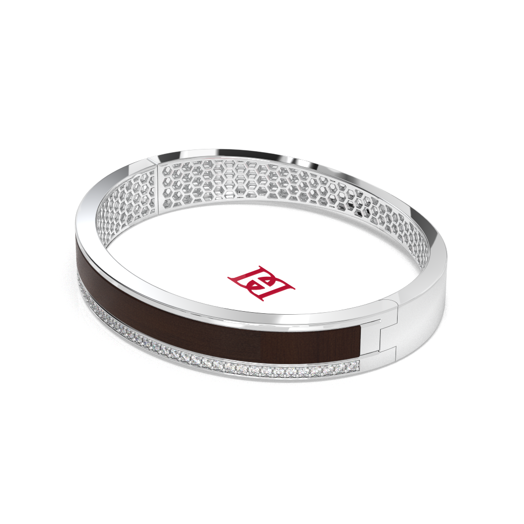Sterling Silver Wooden Inlay Bangle Bracelet with White Diamond Pavé