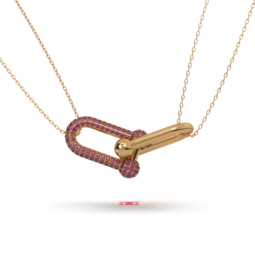 925 Sterling Silver Safety Pin Pendant Necklace with Pink Pavé Stones, Modern Statement Charm Necklace, 925 Silver Jewelry Gift for Her