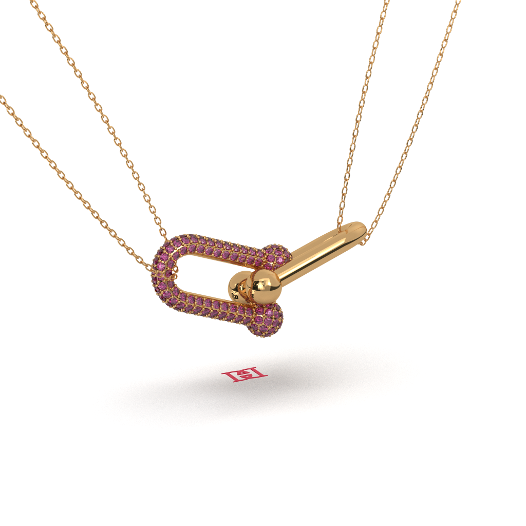 925 Sterling Silver Safety Pin Pendant Necklace with Pink Pavé Stones, Modern Statement Charm Necklace, 925 Silver Jewelry Gift for Her