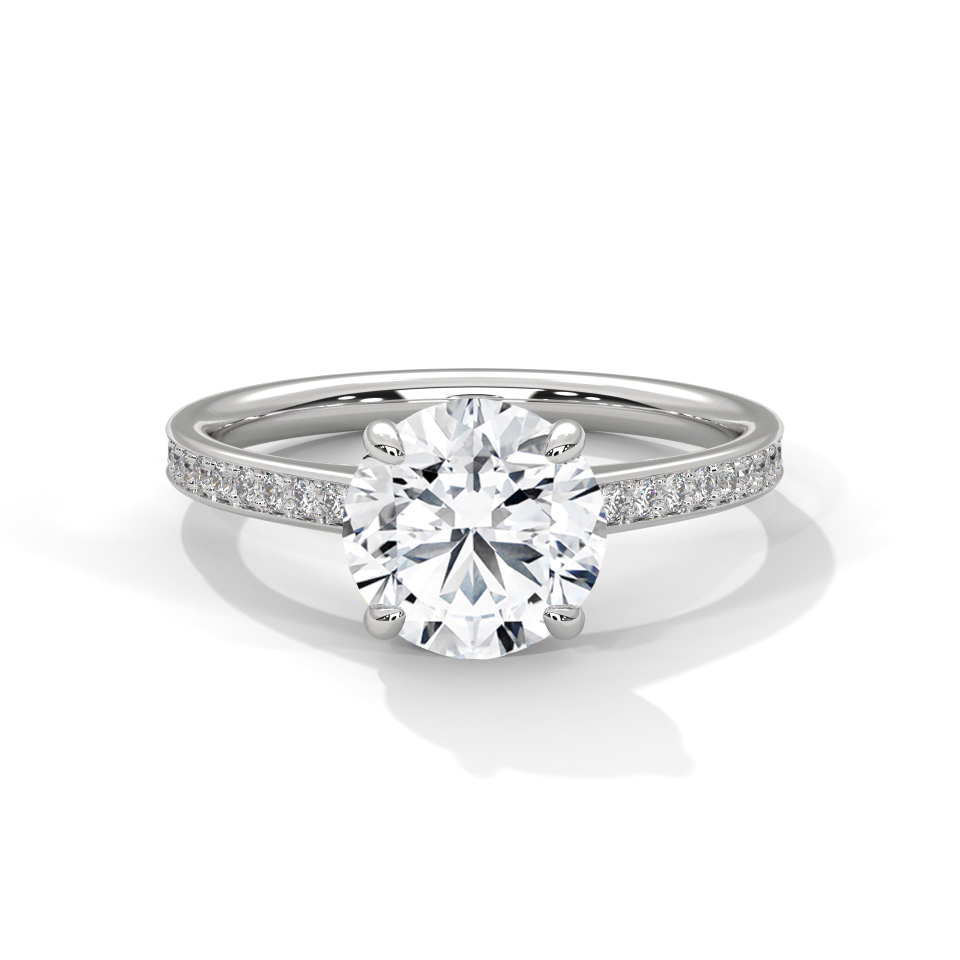 Round Brilliant Diamond Pavé Engagement Ring in White Gold – 1.50 Carat Round Solitaire with Diamond Band