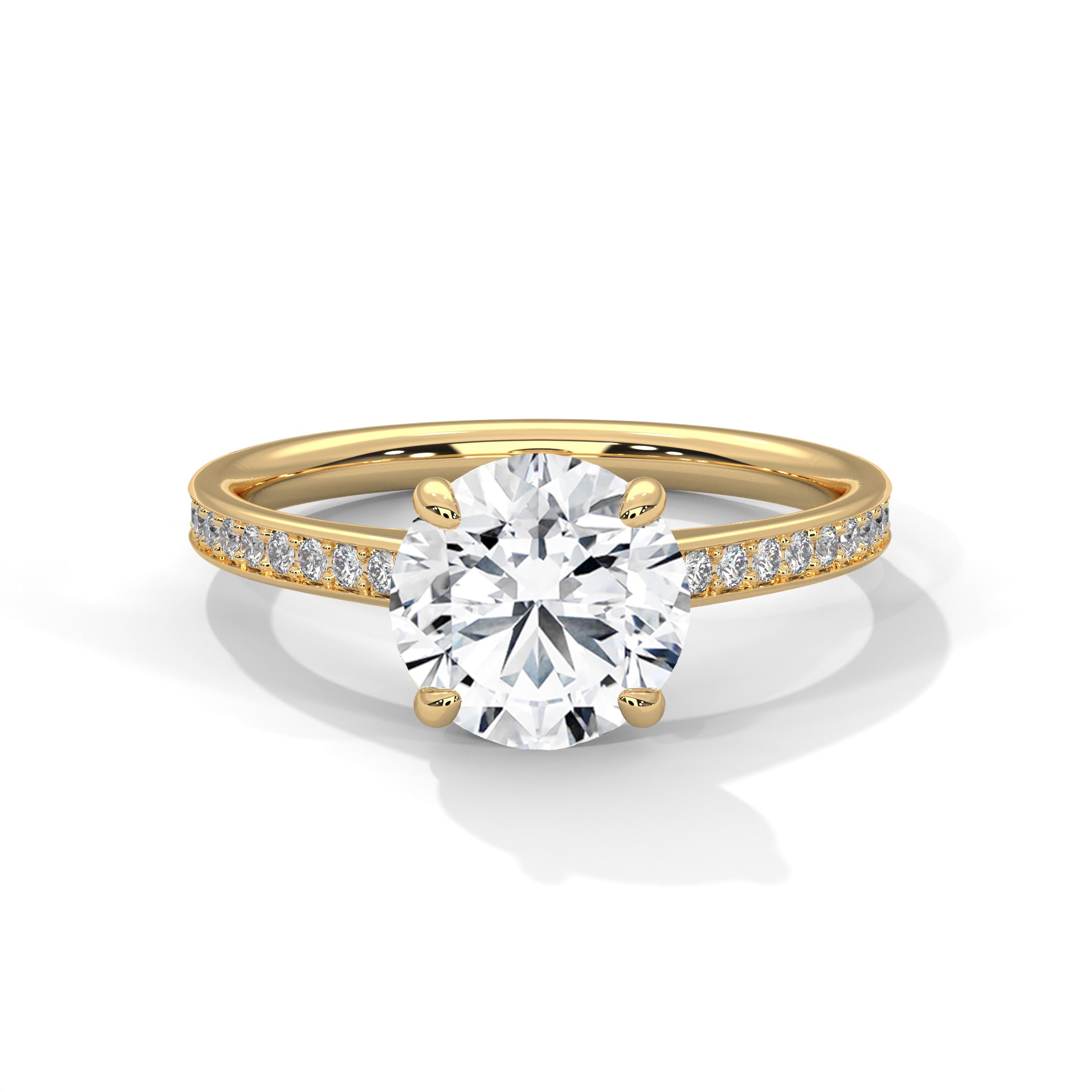 Round Brilliant Diamond Pavé Engagement Ring in Yellow Gold – 1.50 Carat Round Solitaire with Diamond Band