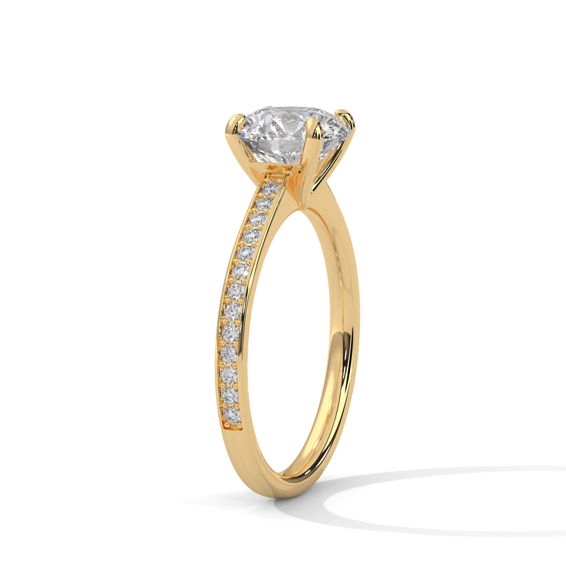Round Brilliant Diamond Pavé Engagement Ring in Yellow Gold – 1.50 Carat Round Solitaire with Diamond Band