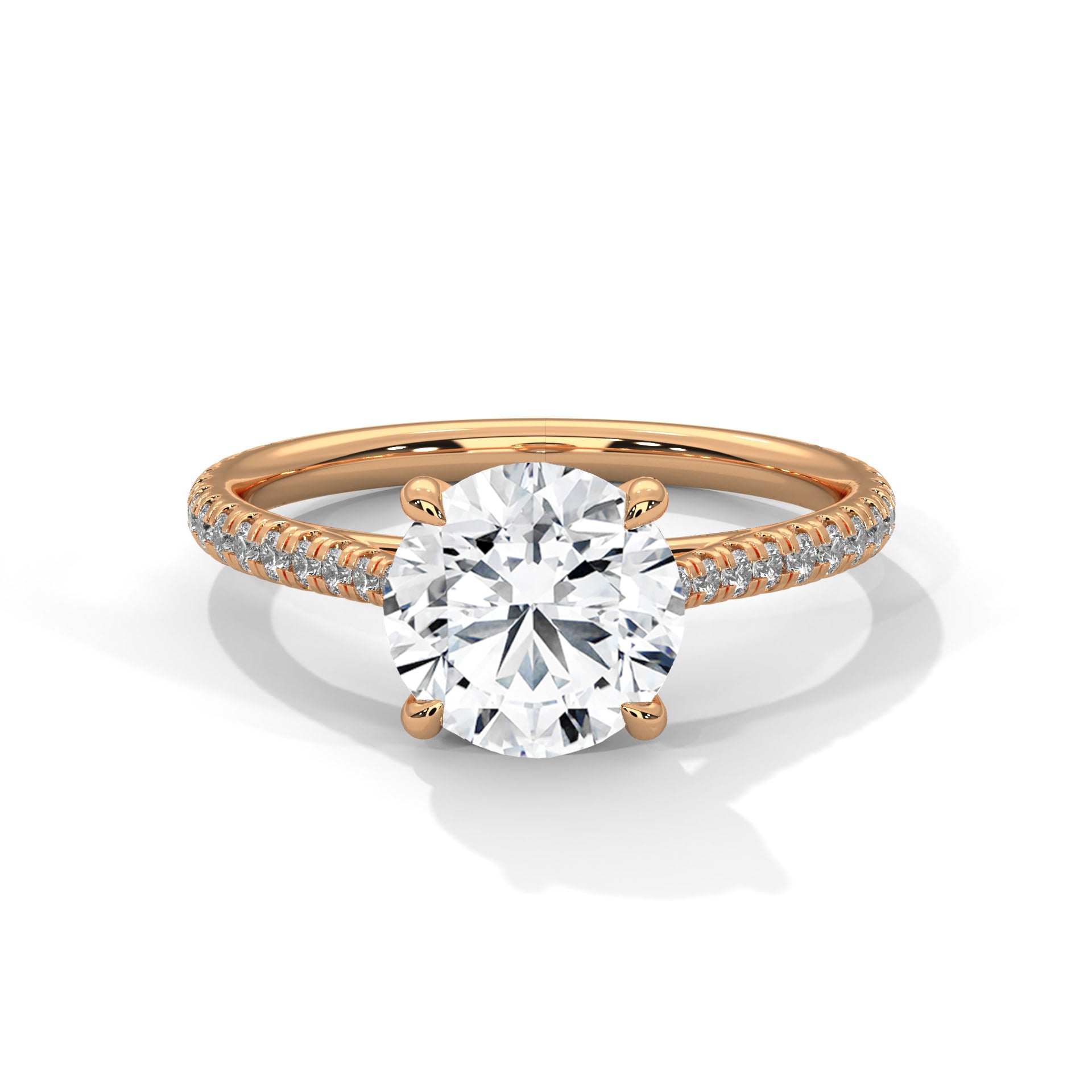 Round Diamond Pavé Engagement Ring in Rose Gold – Classic Round Brilliant Diamond Ring with Pavé Band