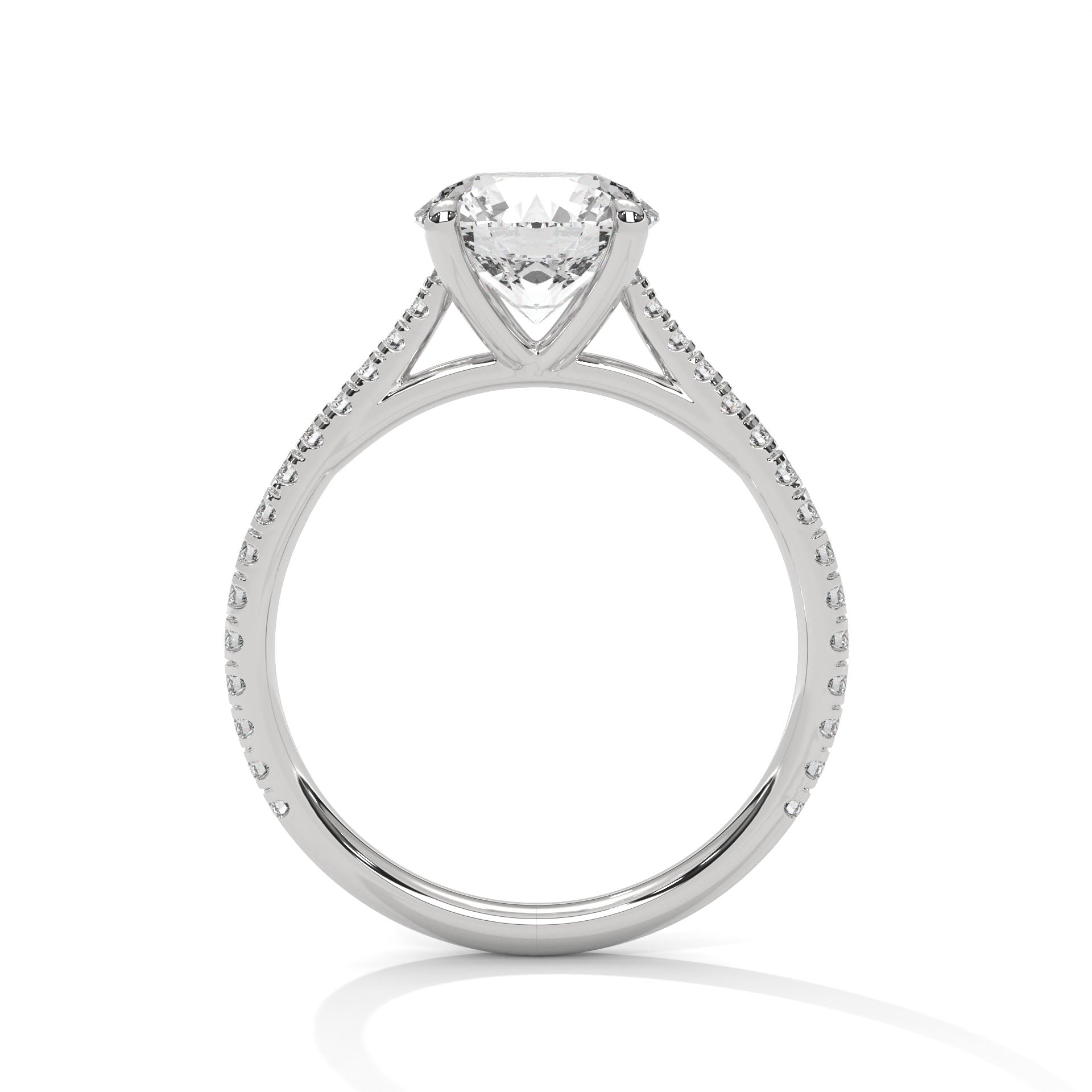 Round Diamond Pavé Engagement Ring in White Gold – Classic Round Brilliant Diamond Ring with Pavé Band