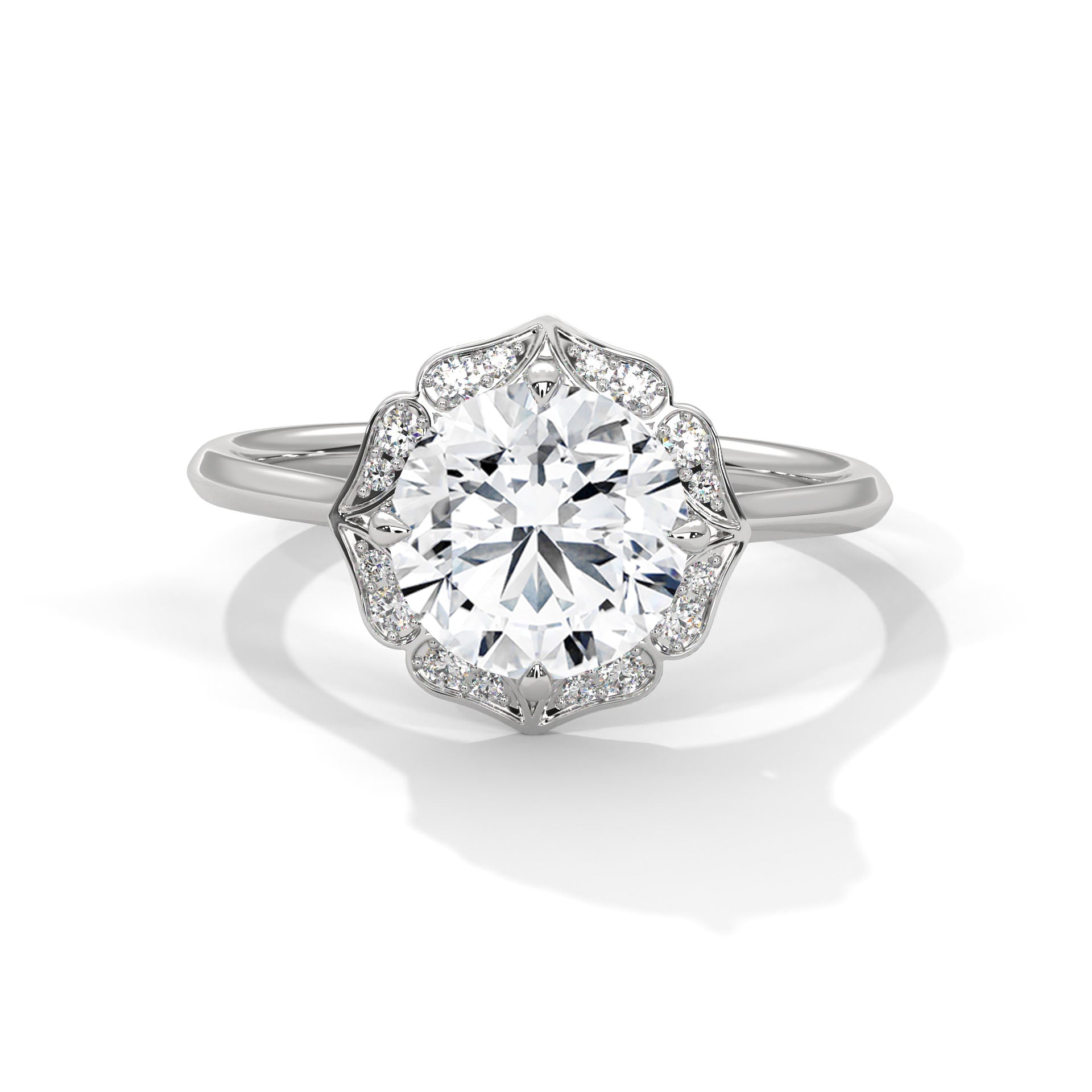 Vintage Halo Round Diamond Engagement Ring in White Gold – Floral Halo Diamond Ring – Classic Luxury Proposal Ring