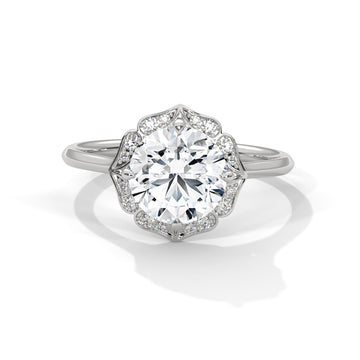 Vintage Halo Round Diamond Engagement Ring in White Gold – Floral Halo Diamond Ring – Classic Luxury Proposal Ring