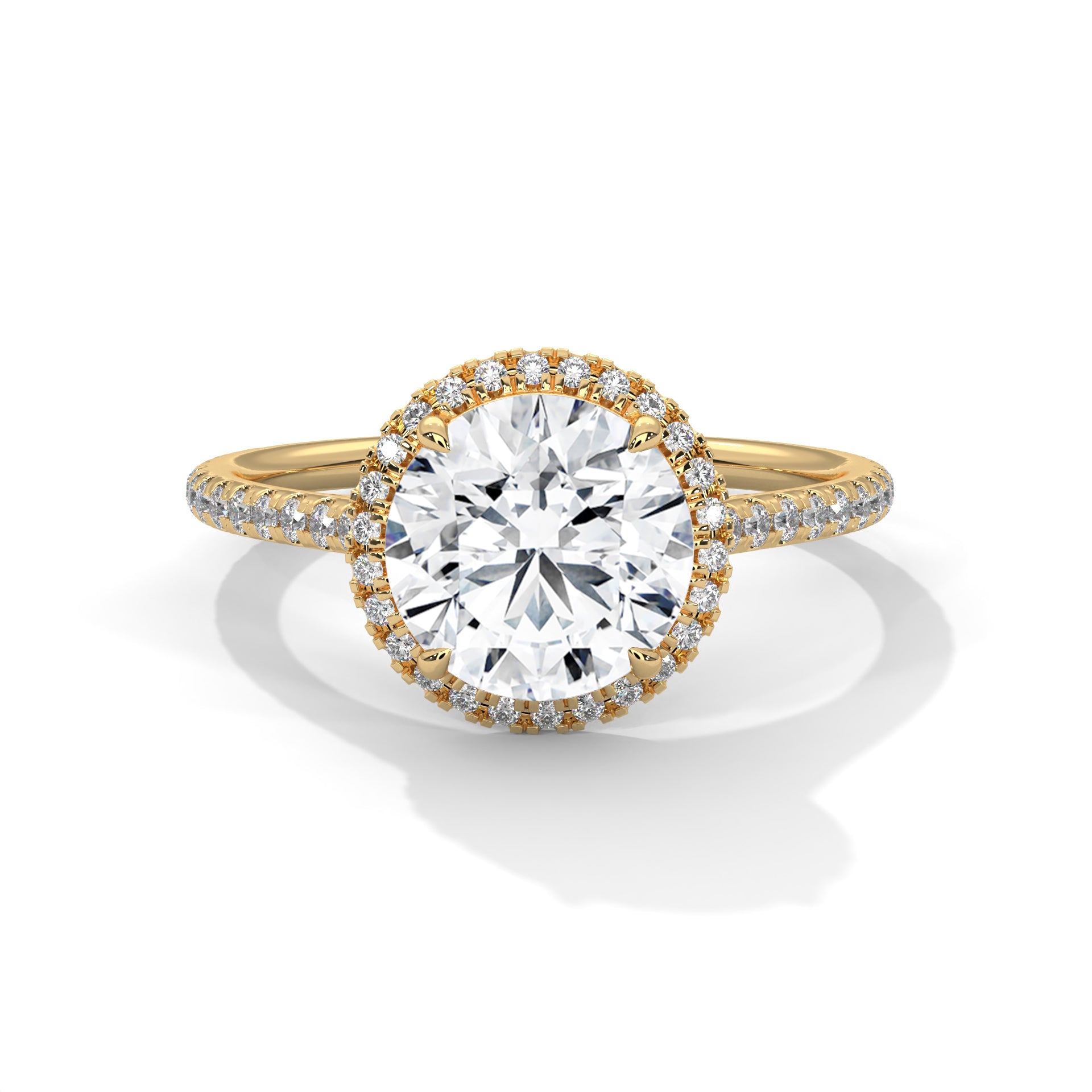 Round Halo Diamond Engagement Ring in Yellow Gold – 2 Carat Round Brilliant with Pavé Diamond Band