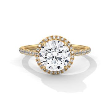 Round Halo Diamond Engagement Ring in Yellow Gold – 2 Carat Round Brilliant with Pavé Diamond Band
