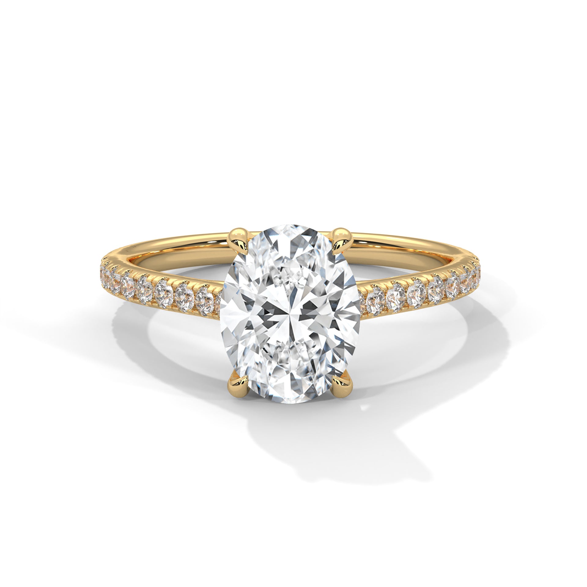 Oval Cut Diamond Engagement Ring in 14K Yellow Gold with Pavé Band – Classic Luxury Solitaire Ring