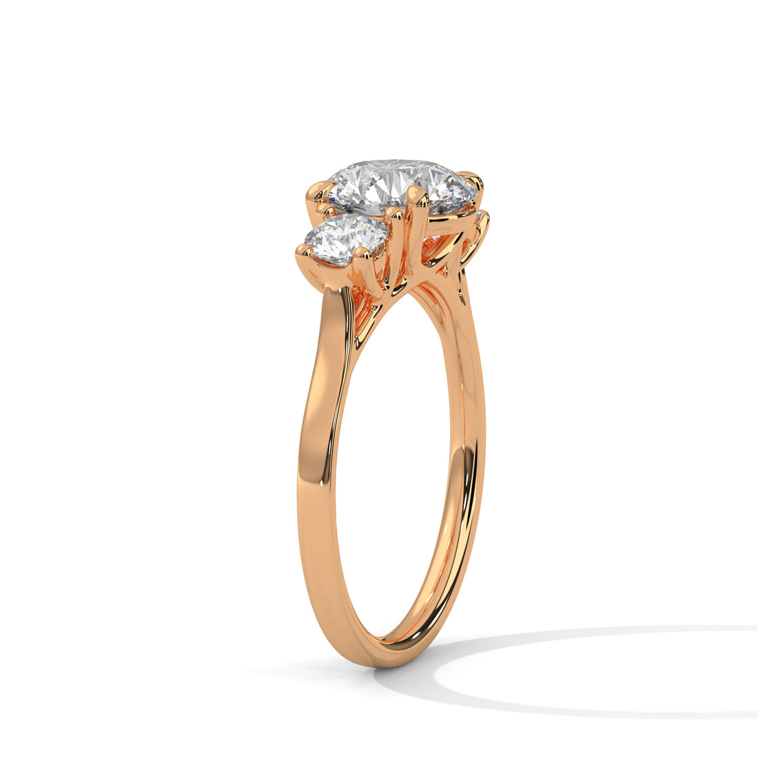 Three Stone Round Diamond Engagement Ring in Rose Gold – Classic Trilogy Diamond Ring with Side Stones