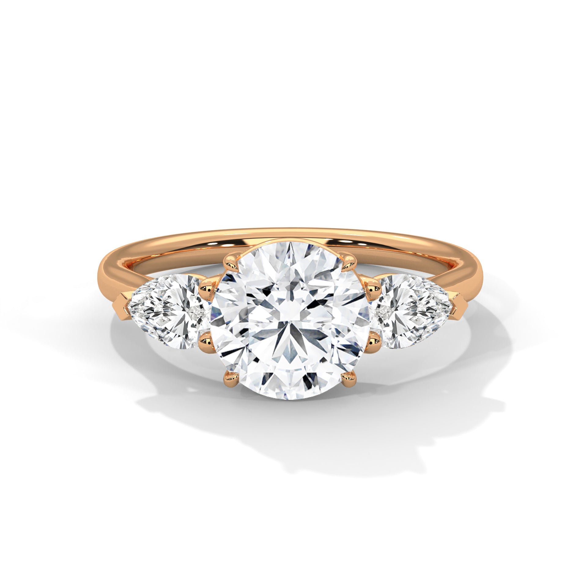 Three Stone Diamond Engagement Ring in 14K Rose Gold, 1.50 Carat Round Lab Grown Diamond with Pear Side Stones