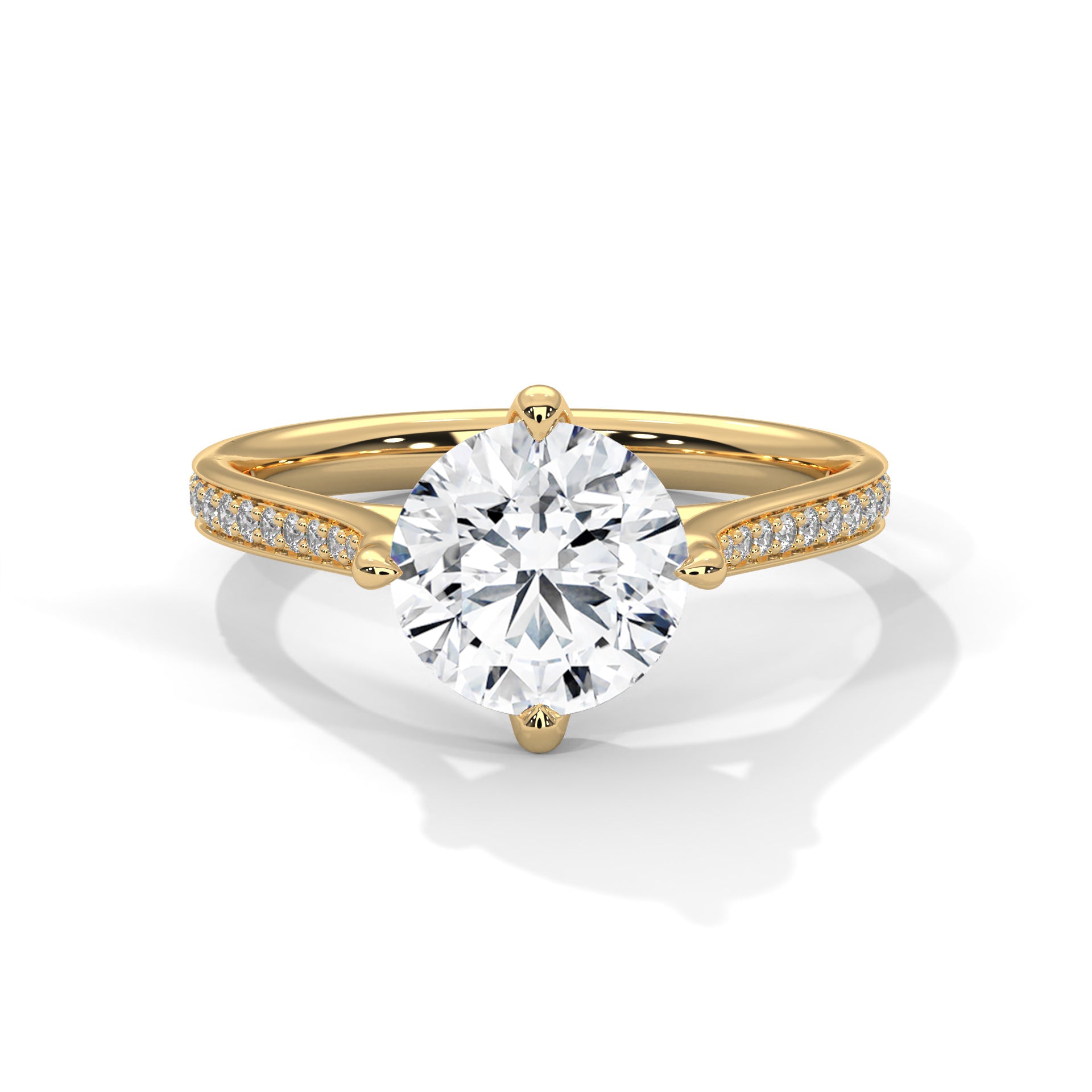 Round Diamond Pavé Engagement Ring in Gold – Classic Round Solitaire with Diamond Band – Elegant Proposal Ring – Luxury Diamond Engagement Ring