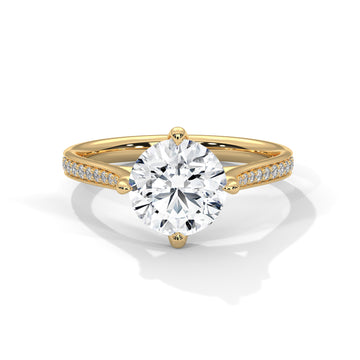 Round Diamond Pavé Engagement Ring in Gold – Classic Round Solitaire with Diamond Band – Elegant Proposal Ring – Luxury Diamond Engagement Ring