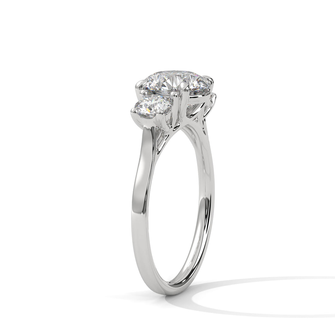 Three Stone Round Diamond Engagement Ring in White Gold – Classic Trilogy Diamond Ring with Side Stones