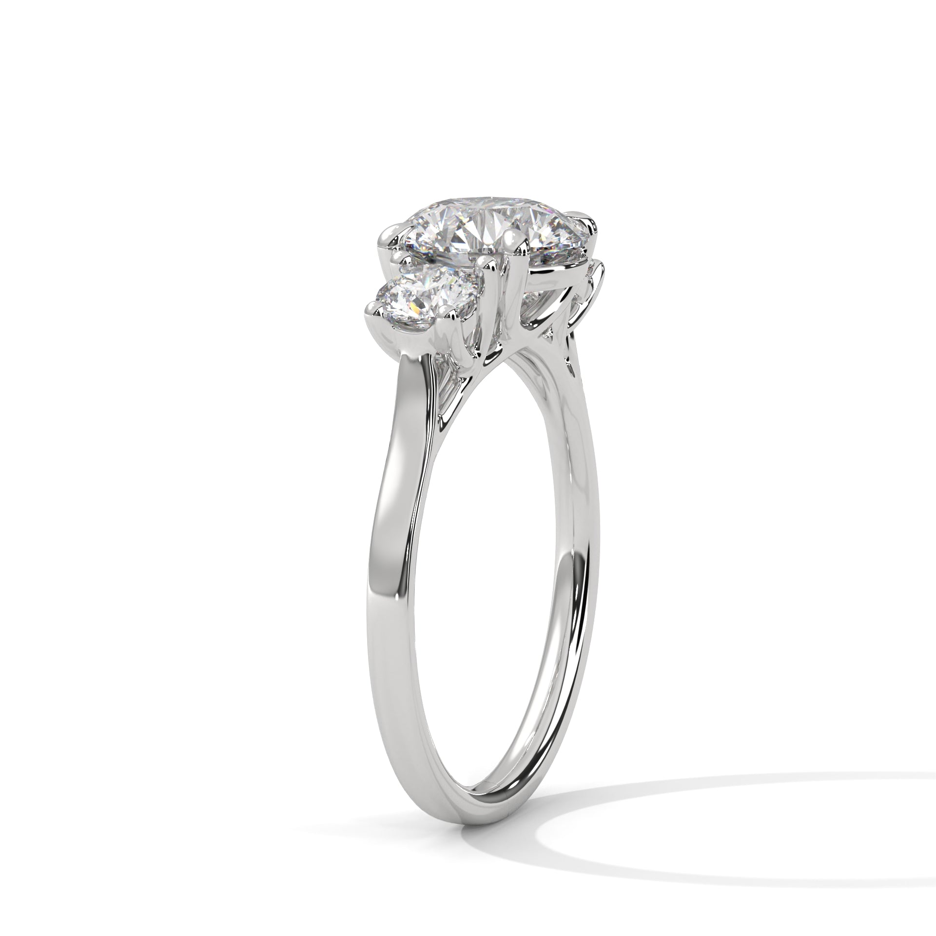 Three Stone Round Diamond Engagement Ring in White Gold – Classic Trilogy Diamond Ring with Side Stones