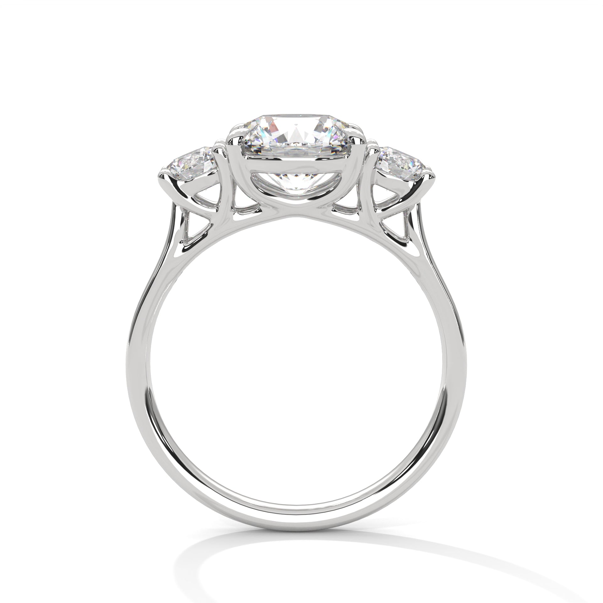 Three Stone Round Diamond Engagement Ring in White Gold – Classic Trilogy Diamond Ring with Side Stones