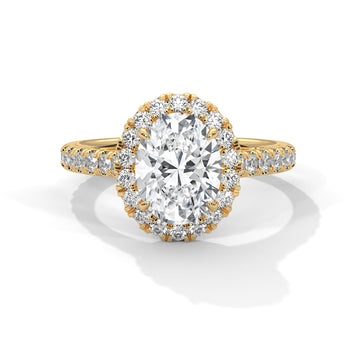 Oval Cut Diamond Halo Engagement Ring in Yellow Gold – Oval Diamond Halo Ring – Pave Diamond Engagement Ring – Vintage Style Diamond Proposal Ring