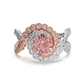 Pink Diamond Halo Ring, Two Tone Sterling Silver Floral Engagement Ring