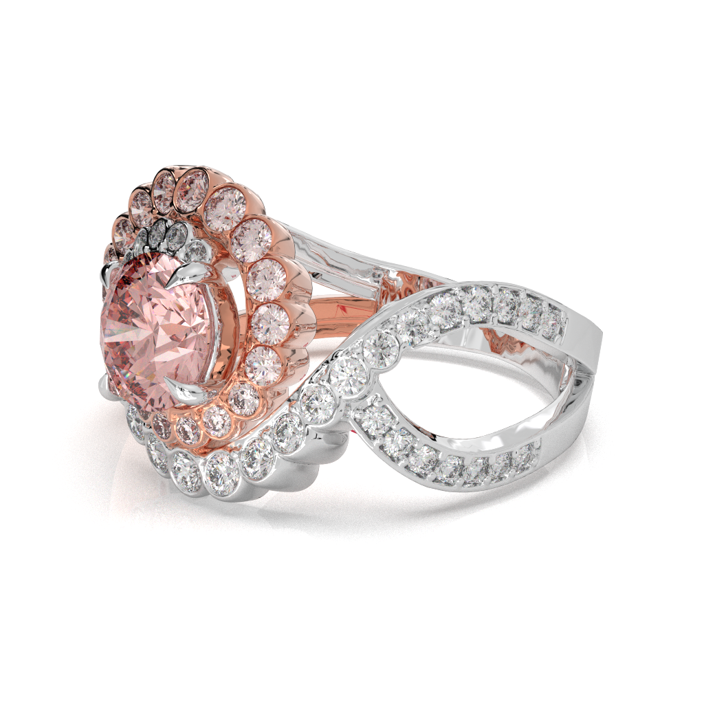 Pink Diamond Halo Ring, Two Tone Sterling Silver Floral Engagement Ring
