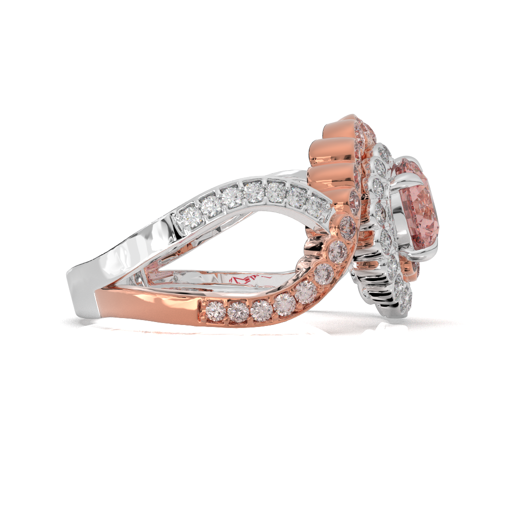 Pink Diamond Halo Ring, Two Tone Sterling Silver Floral Engagement Ring