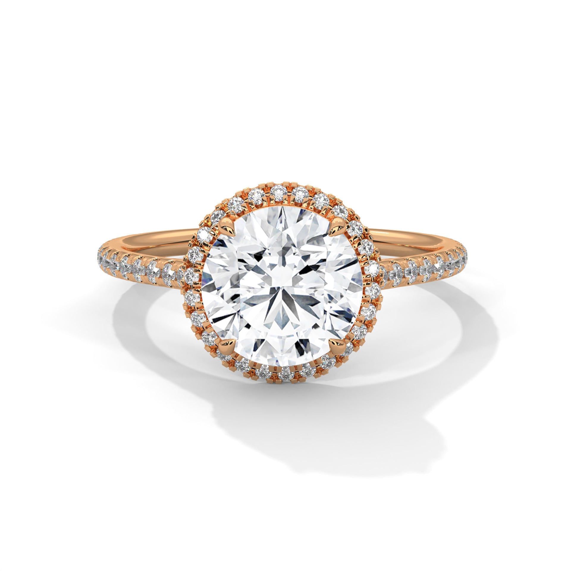 Round Halo Diamond Engagement Ring in Rose Gold – 2 Carat Round Brilliant with Pavé Diamond Band