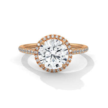 Round Halo Diamond Engagement Ring in Rose Gold – 2 Carat Round Brilliant with Pavé Diamond Band
