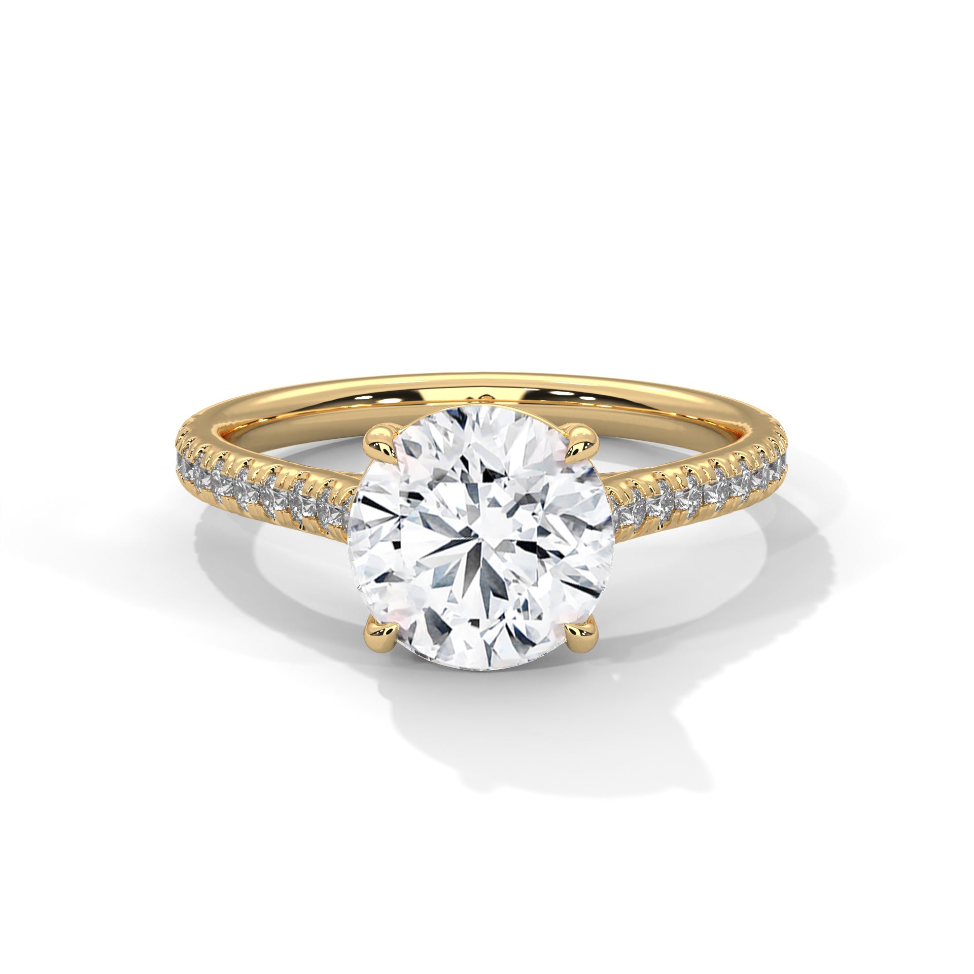 Round Diamond Pavé Engagement Ring in Gold – Round Brilliant Solitaire Ring – Diamond Accent Engagement Ring – Classic Proposal Ring