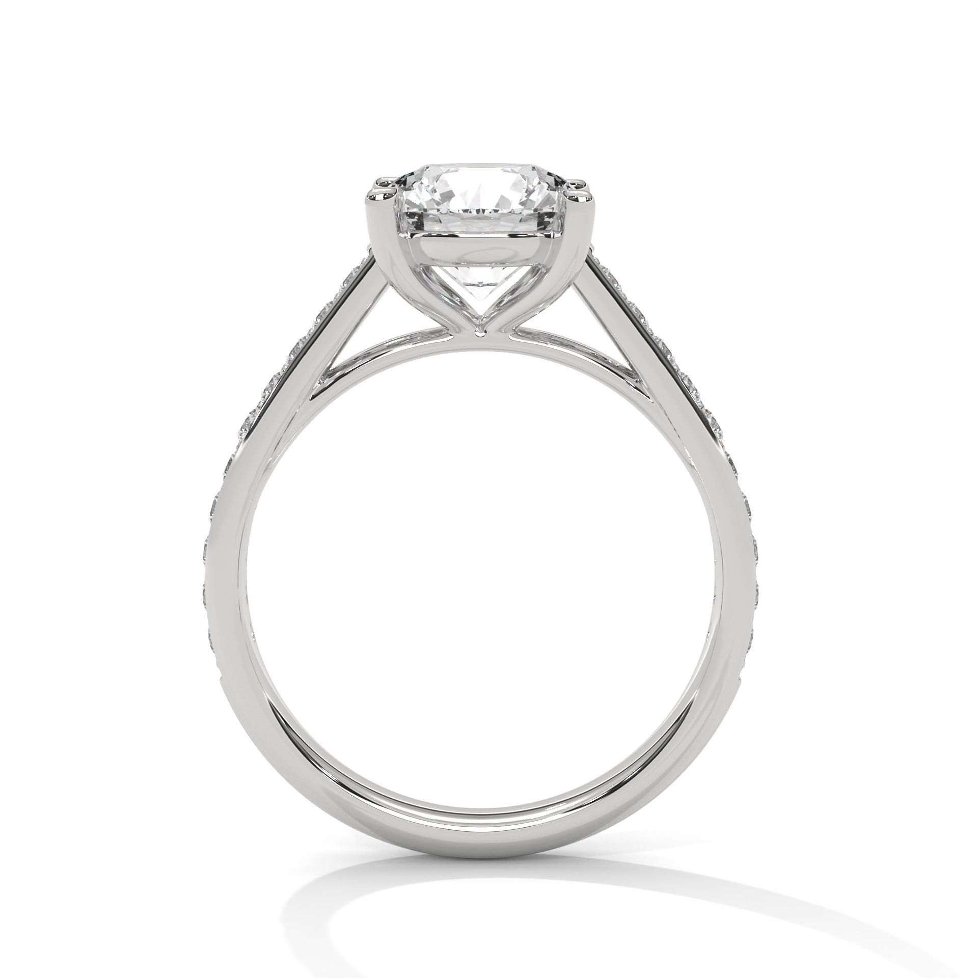 Round Cut Diamond Engagement Ring in White Gold – Pavé Diamond Band Ring – Classic Round Solitaire Diamond Ring – Elegant Diamond Proposal Ring