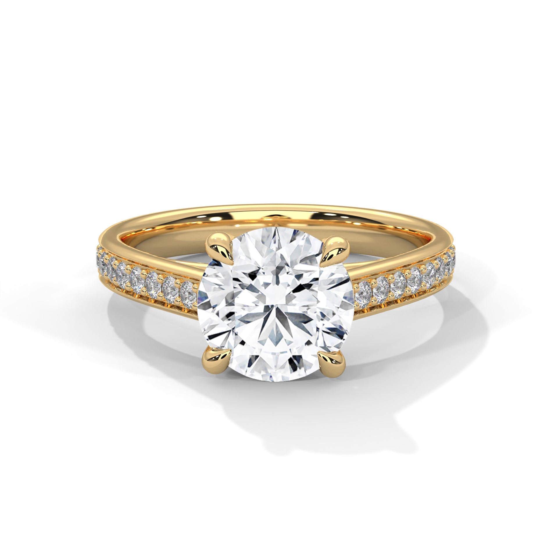 Round Cut Diamond Engagement Ring in Yellow Gold – Pavé Diamond Band Ring – Classic Round Solitaire Diamond Ring – Elegant Diamond Proposal Ring