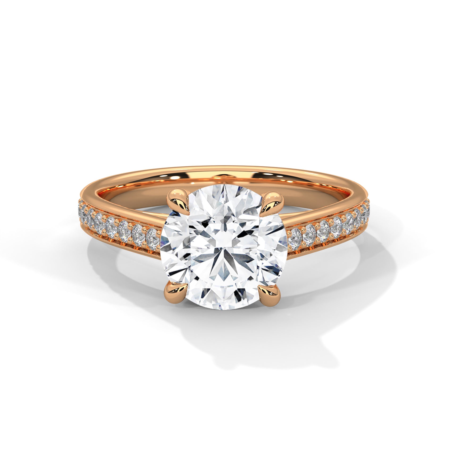 Round Cut Diamond Engagement Ring in Rose Gold – Pavé Diamond Band Ring – Classic Round Solitaire Diamond Ring – Elegant Diamond Proposal Ring