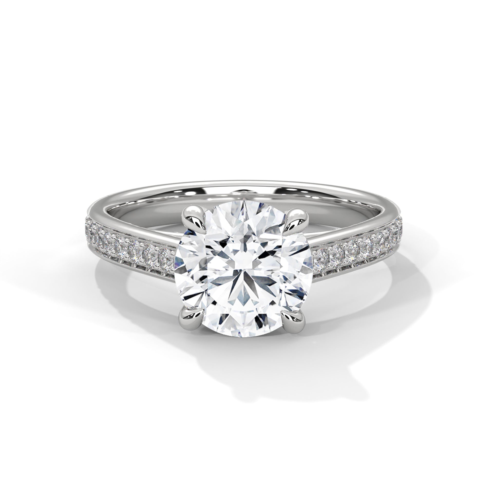 Round Cut Diamond Engagement Ring in White Gold – Pavé Diamond Band Ring – Classic Round Solitaire Diamond Ring – Elegant Diamond Proposal Ring