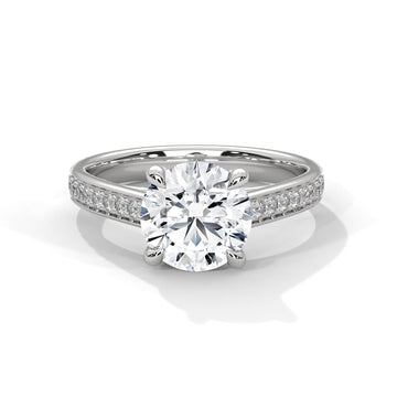 Round Cut Diamond Engagement Ring in White Gold – Pavé Diamond Band Ring – Classic Round Solitaire Diamond Ring – Elegant Diamond Proposal Ring