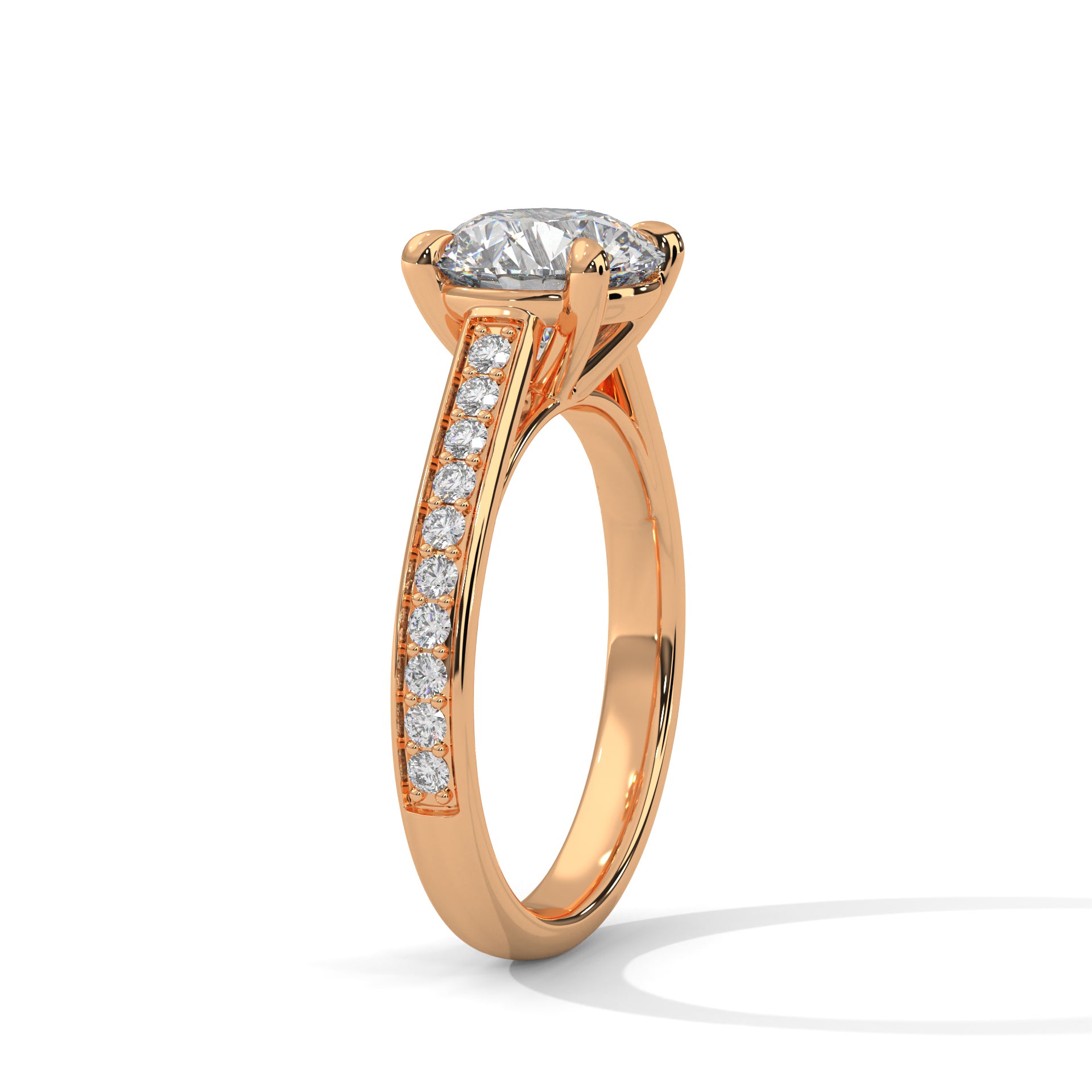 Round Cut Diamond Engagement Ring in Rose Gold – Pavé Diamond Band Ring – Classic Round Solitaire Diamond Ring – Elegant Diamond Proposal Ring