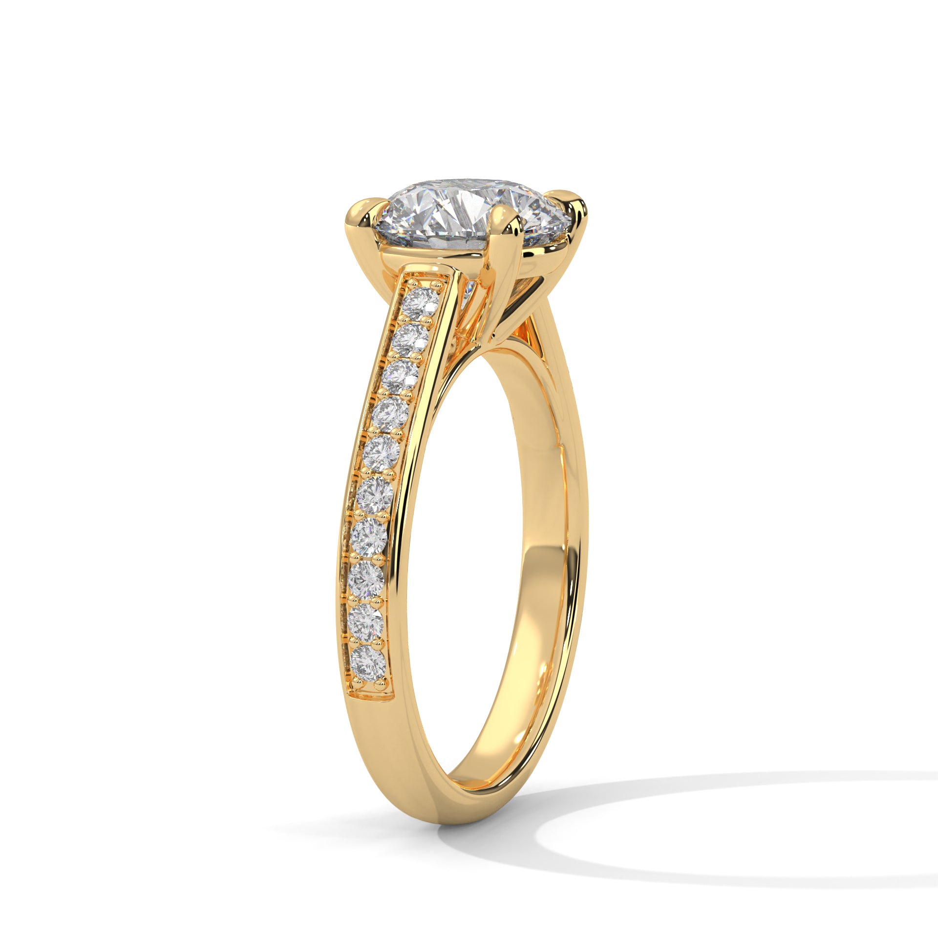 Round Cut Diamond Engagement Ring in Yellow Gold – Pavé Diamond Band Ring – Classic Round Solitaire Diamond Ring – Elegant Diamond Proposal Ring