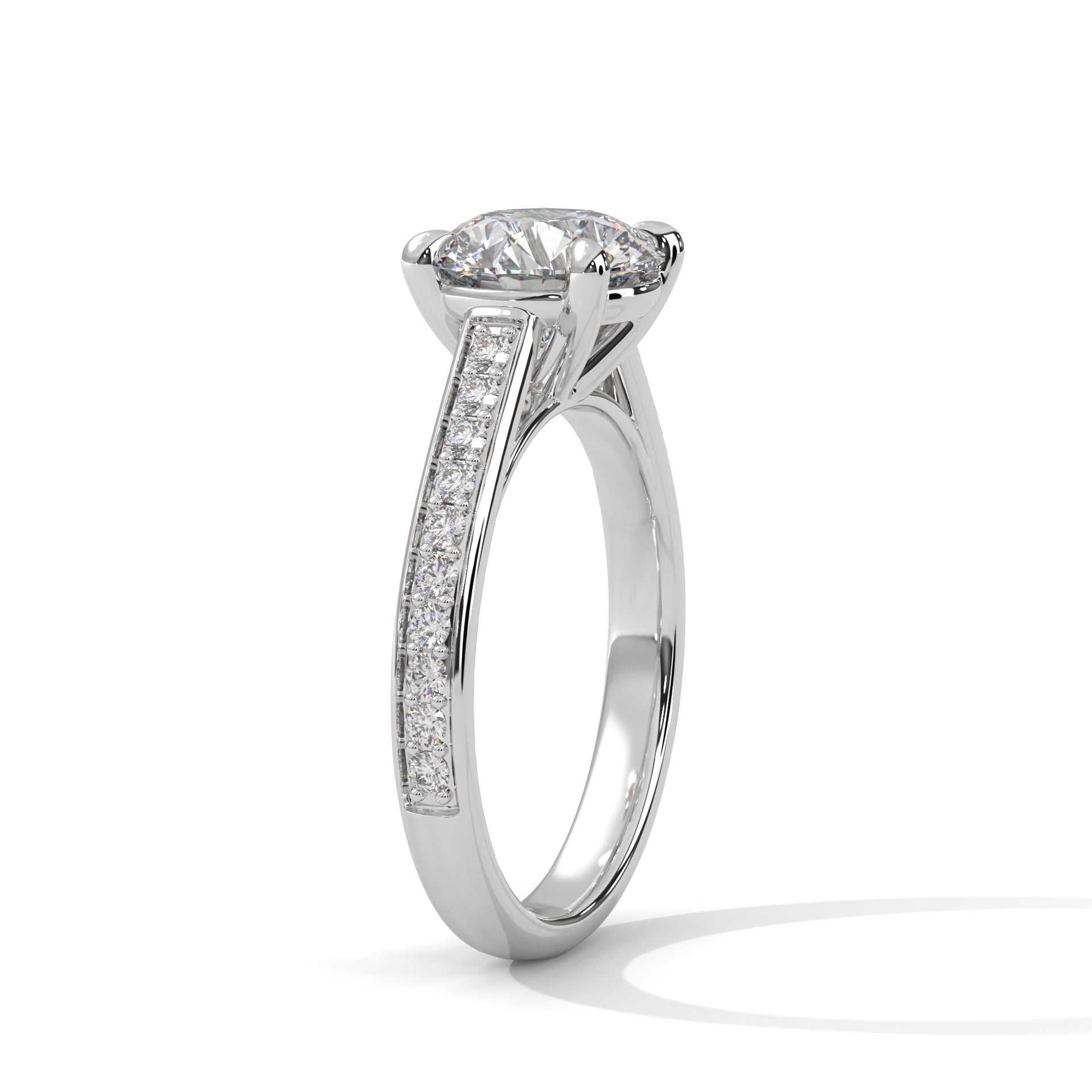 Round Cut Diamond Engagement Ring in White Gold – Pavé Diamond Band Ring – Classic Round Solitaire Diamond Ring – Elegant Diamond Proposal Ring