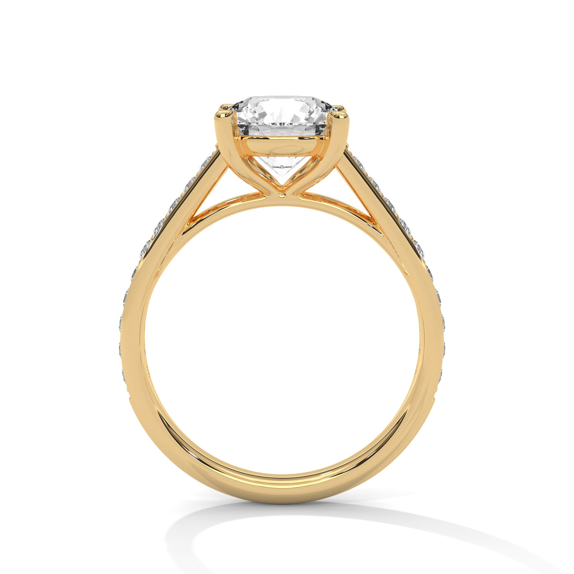 Round Cut Diamond Engagement Ring in Yellow Gold – Pavé Diamond Band Ring – Classic Round Solitaire Diamond Ring – Elegant Diamond Proposal Ring