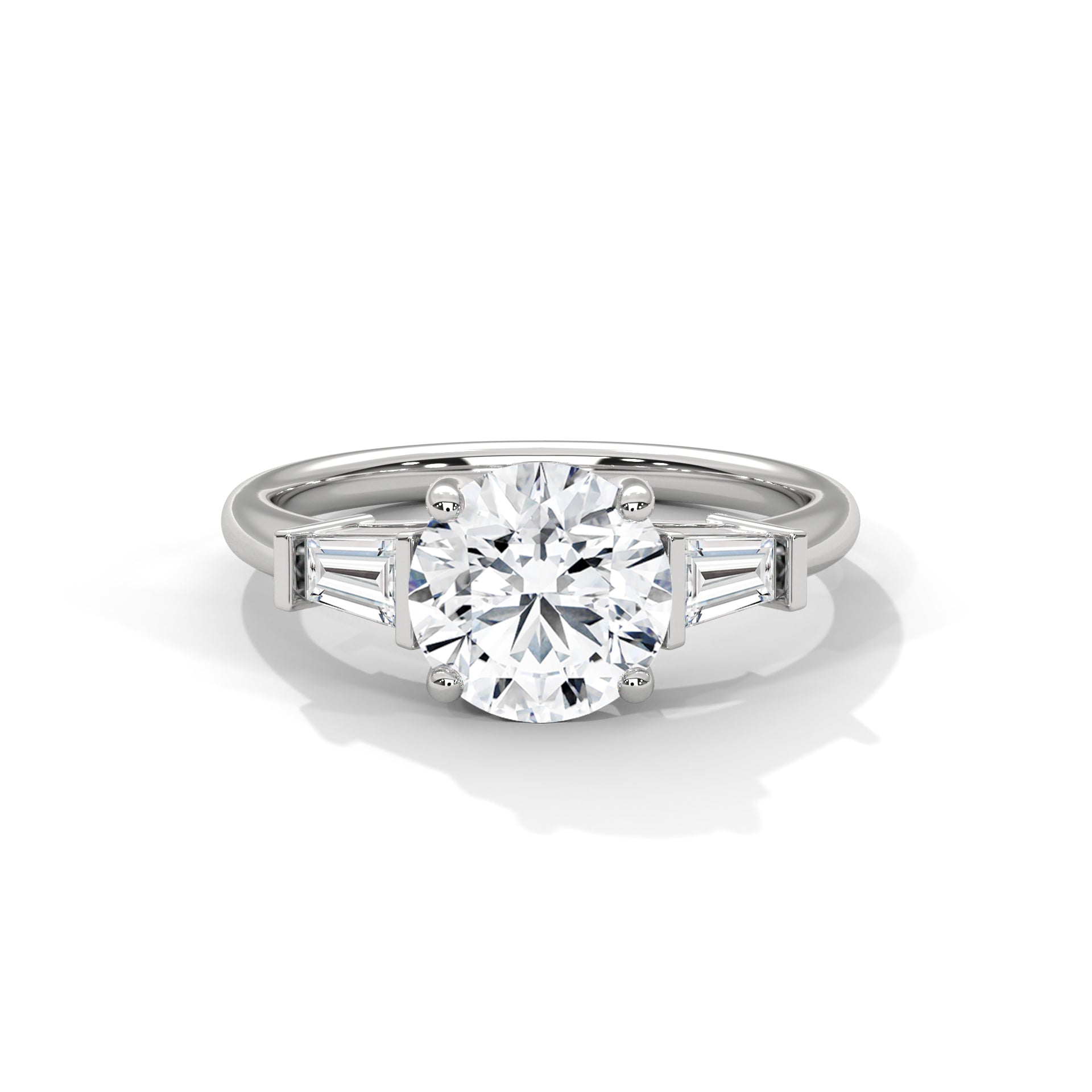Round Cut Diamond Three Stone Engagement Ring in White Gold – Round Diamond Ring with Trapezoid Side Stones – Classic Three Stone Proposal Ring