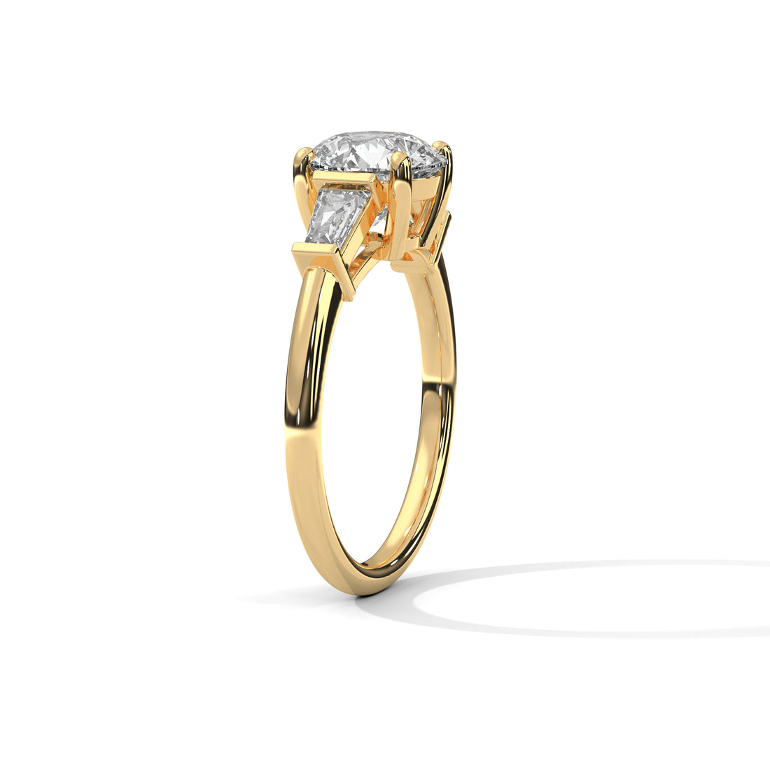 Round Cut Diamond Three Stone Engagement Ring – Round Diamond Ring with Trapezoid Side Stones – Classic Three Stone Proposal Ring – Luxury Bridal Ring