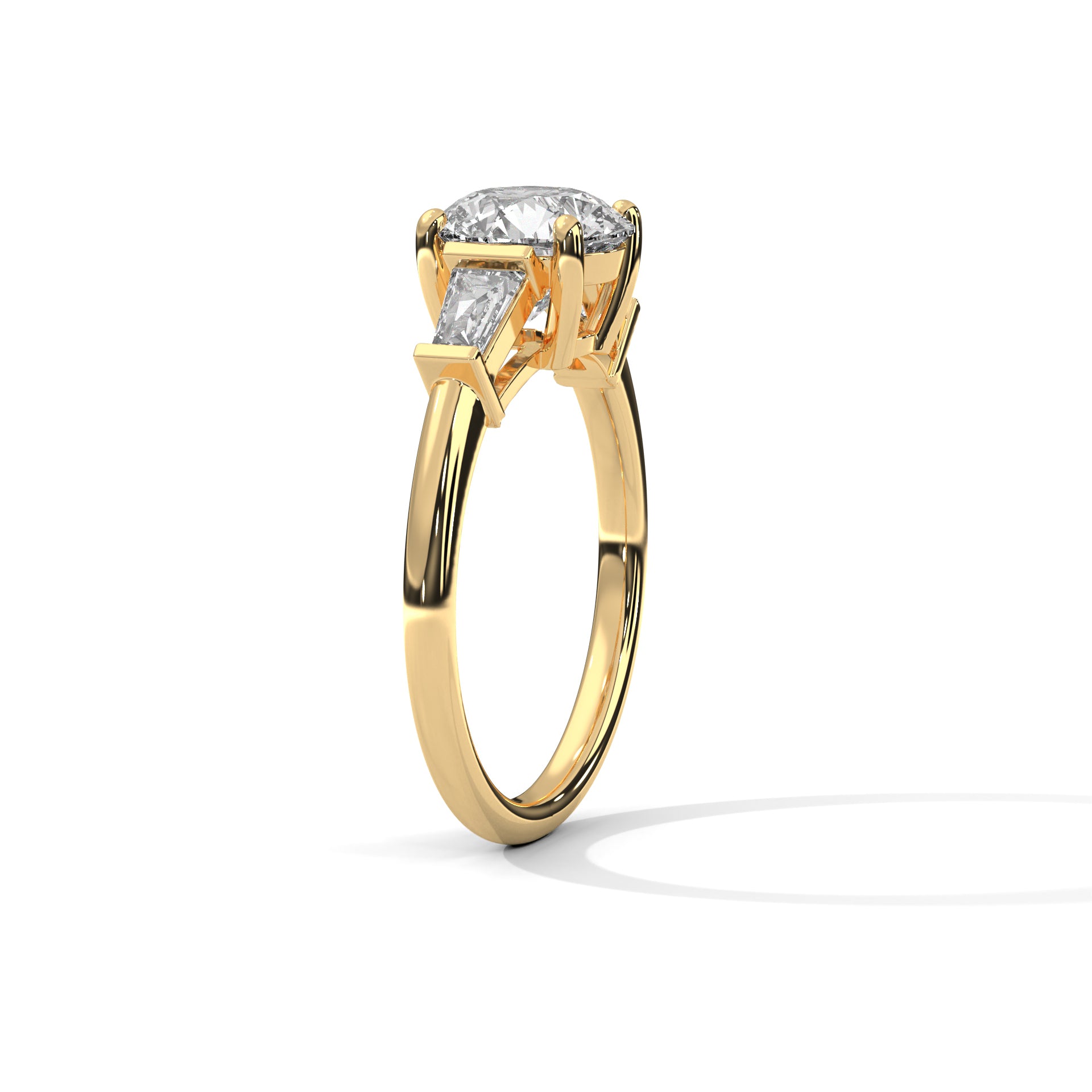 Round Cut Diamond Three Stone Engagement Ring – Round Diamond Ring with Trapezoid Side Stones – Classic Three Stone Proposal Ring – Luxury Bridal Ring