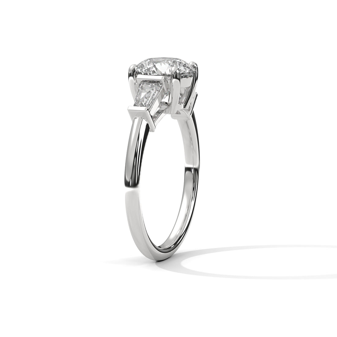 Round Cut Diamond Three Stone Engagement Ring in White Gold – Round Diamond Ring with Trapezoid Side Stones – Classic Three Stone Proposal Ring