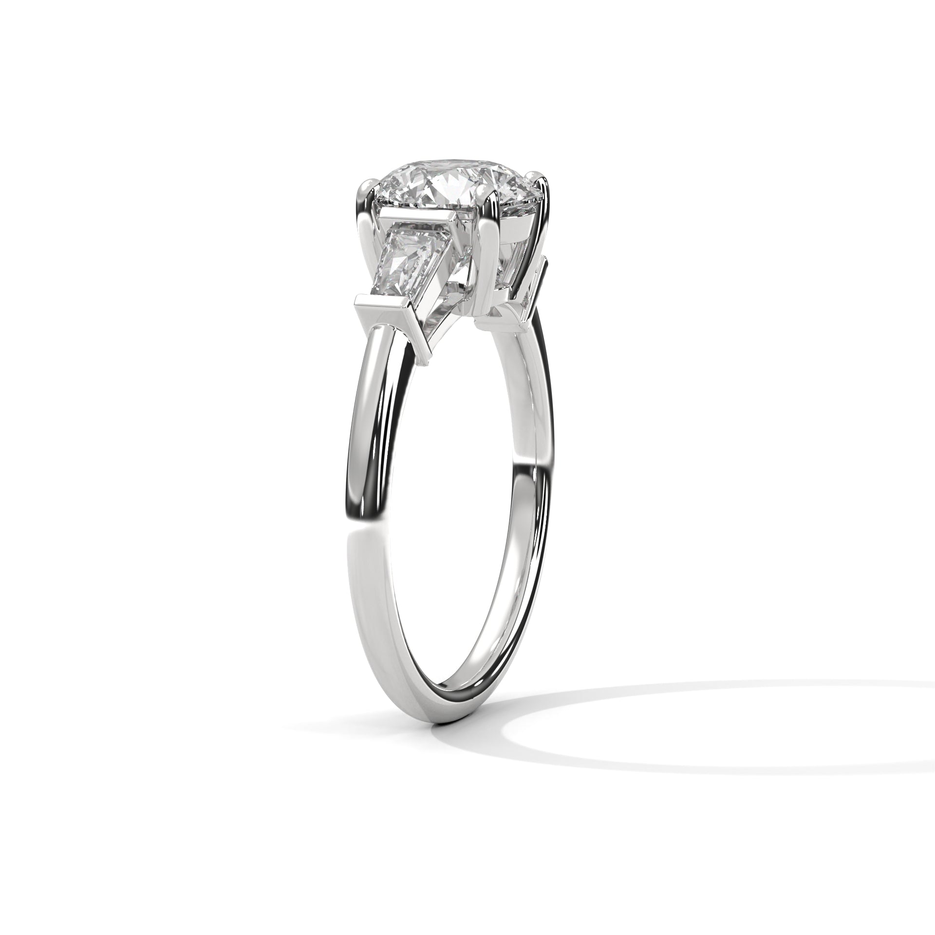 Round Cut Diamond Three Stone Engagement Ring in White Gold – Round Diamond Ring with Trapezoid Side Stones – Classic Three Stone Proposal Ring