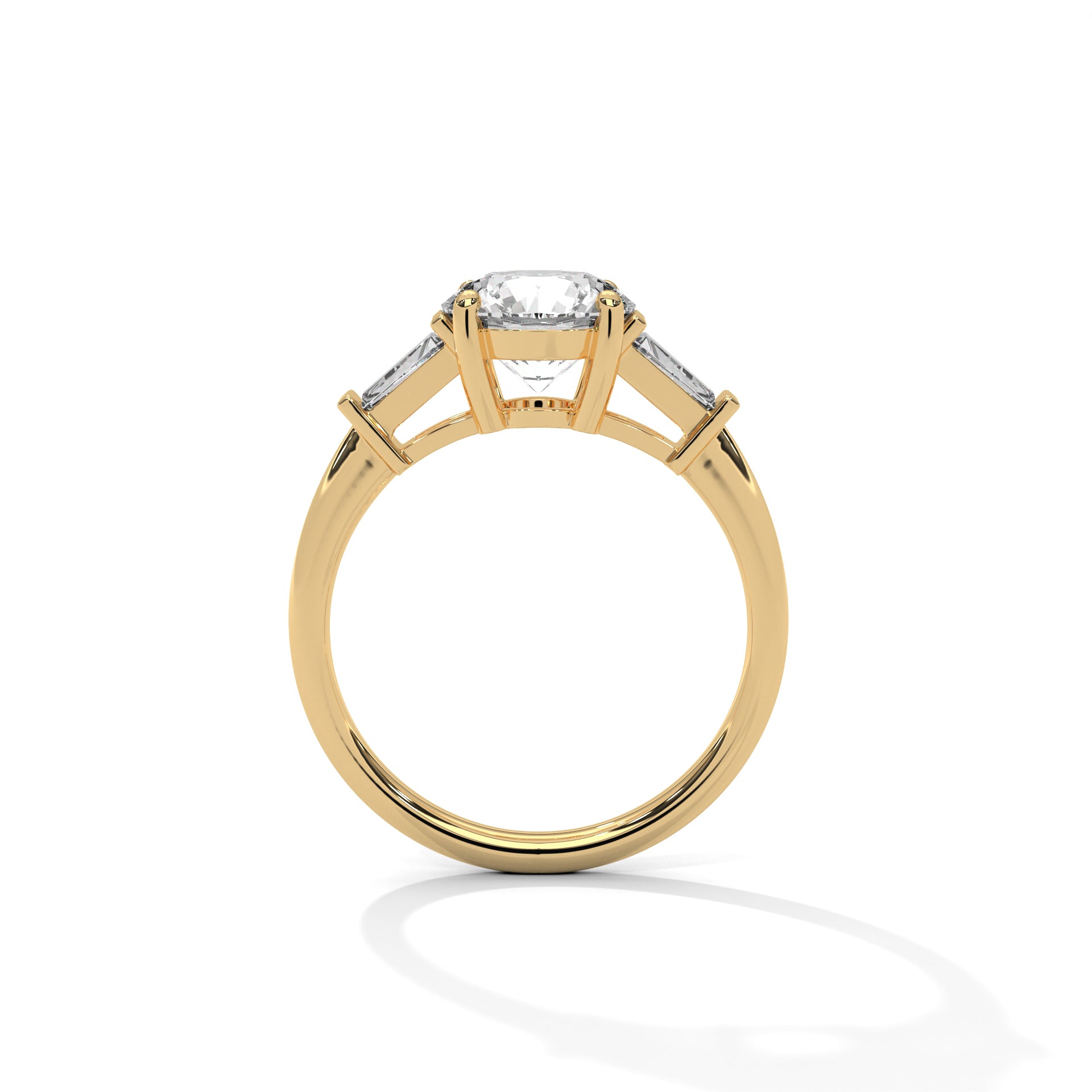 Round Cut Diamond Three Stone Engagement Ring – Round Diamond Ring with Trapezoid Side Stones – Classic Three Stone Proposal Ring – Luxury Bridal Ring