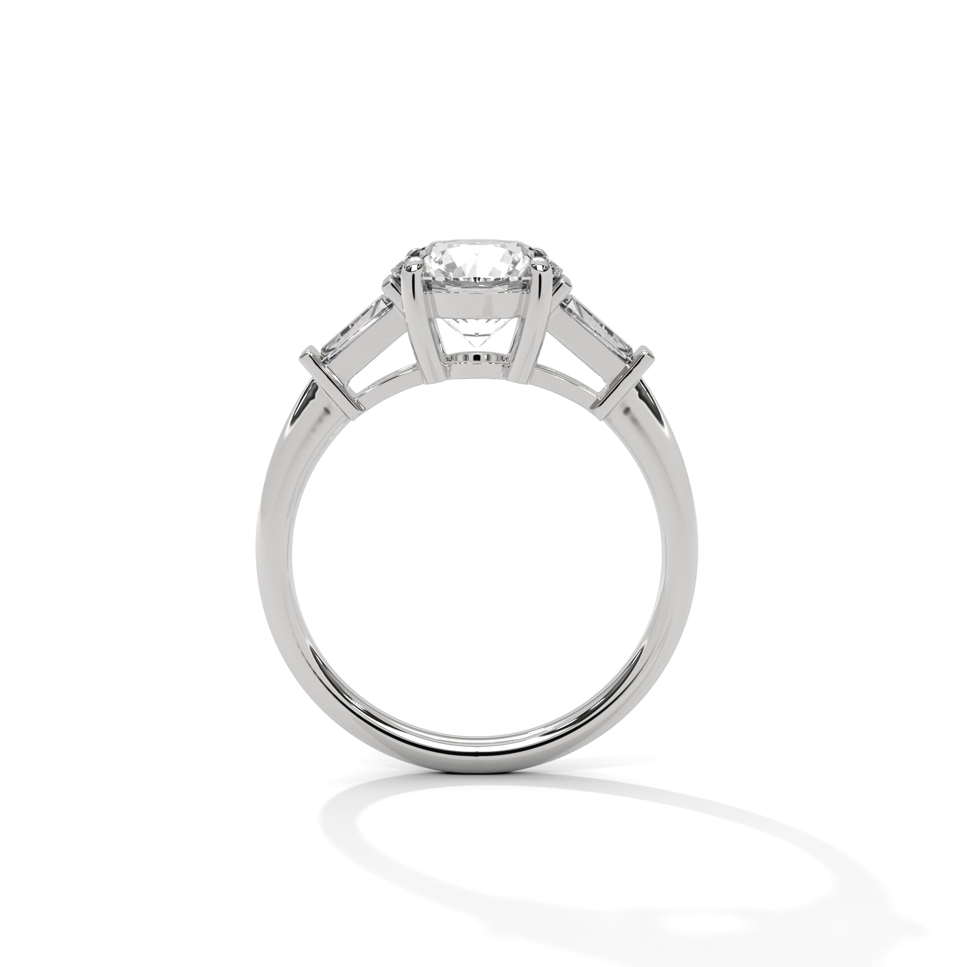 Round Cut Diamond Three Stone Engagement Ring in White Gold – Round Diamond Ring with Trapezoid Side Stones – Classic Three Stone Proposal Ring