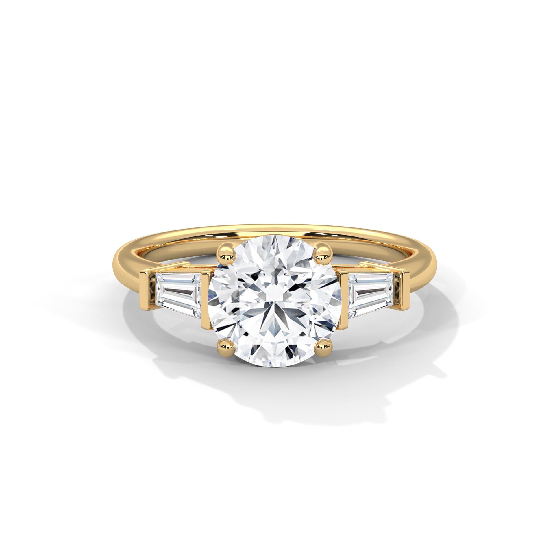 Round Cut Diamond Three Stone Engagement Ring – Round Diamond Ring with Trapezoid Side Stones – Classic Three Stone Proposal Ring – Luxury Bridal Ring